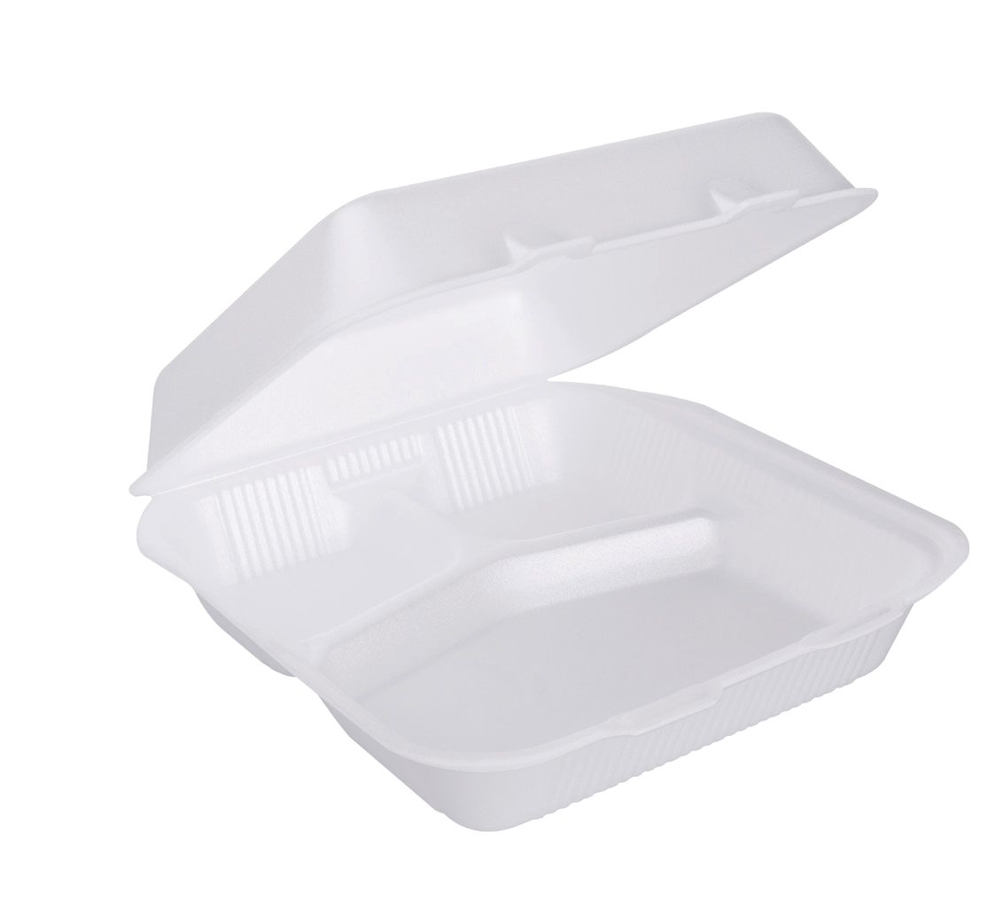 Foam Hinged Container 7 x 7 in, 3-Compartment, SKU CN7X7D (200/Case)