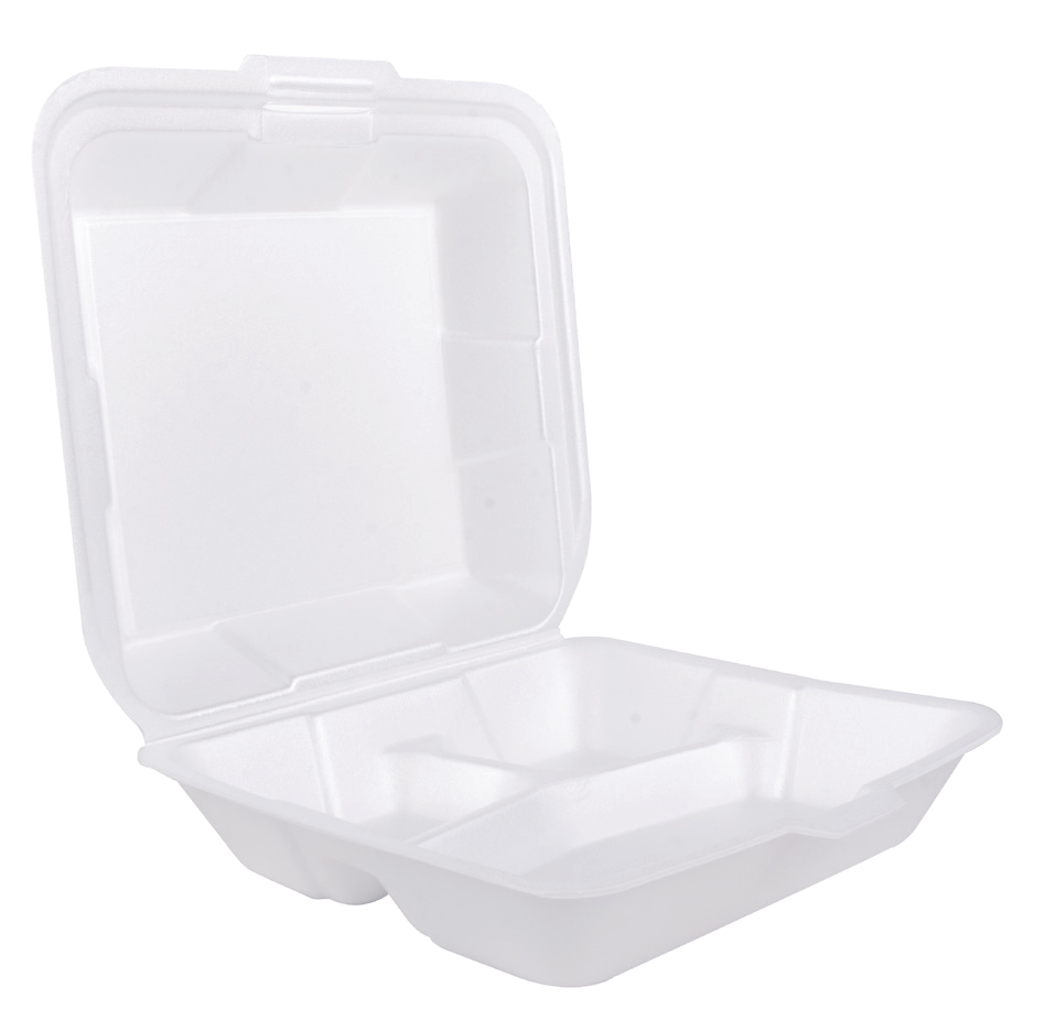 Foam Hinged Container 7 x 7 in, 3-Compartment, SKU CN7X7D4P (200/Case)