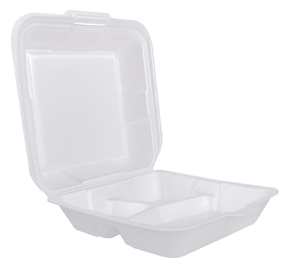 Foam Hinged Container 8 x 8 in, 3-Compartment, SKU CN8X8D4P (200/Case)