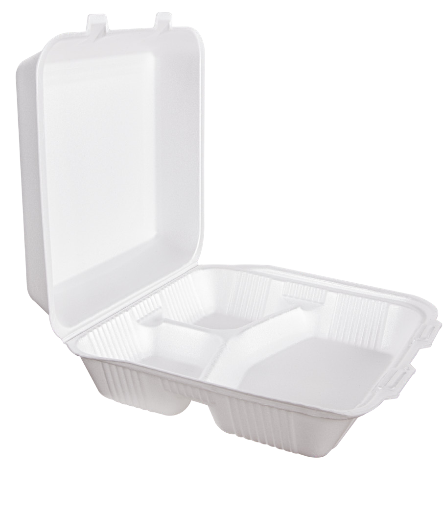 Foam Hinged Container 8 x 8 in, 3-Compartment, SKU CN8X8DDP (200/Case)