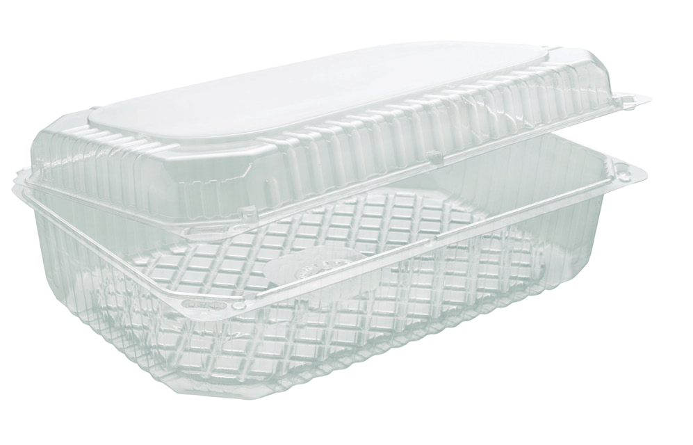 Clear PS Hinged Container 10.4 x 7 in, 111 oz (250/Case)